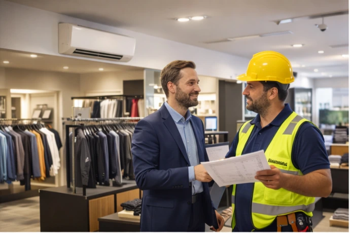 Tecnico de Almaluz hablando con el dueño de un negocio