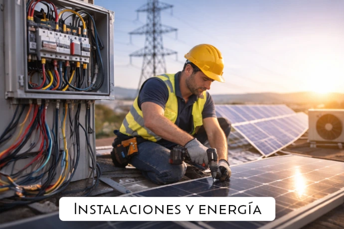 Técnico instalando paneles solares y cableado eléctrico con Almaluz