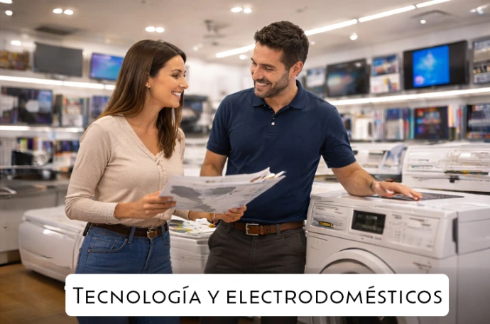 Cliente revisando electrodomésticos e informática con asesor Almaluz