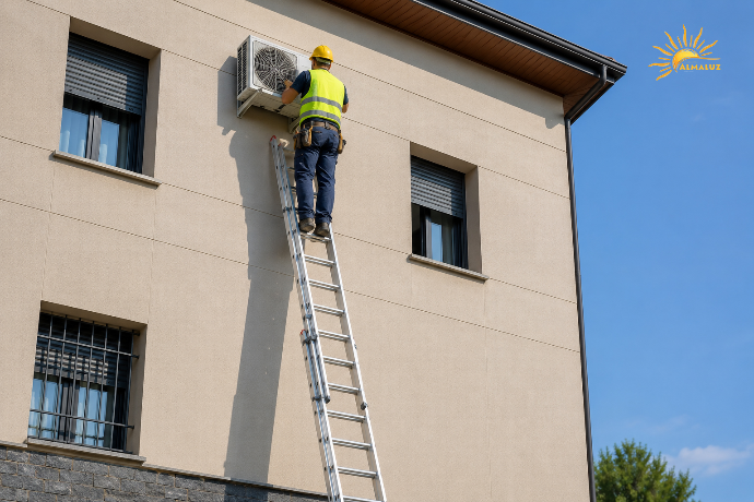 Personal Instalando unidad exterior de Clima