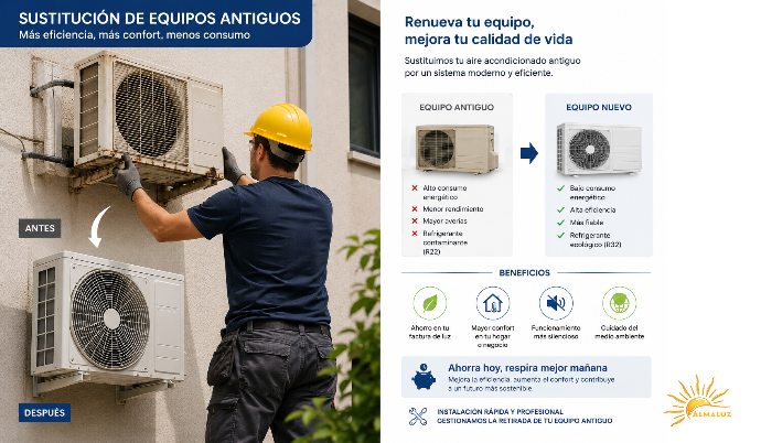 Tecnico sustituyendo unidad exterior de aire acondicionado