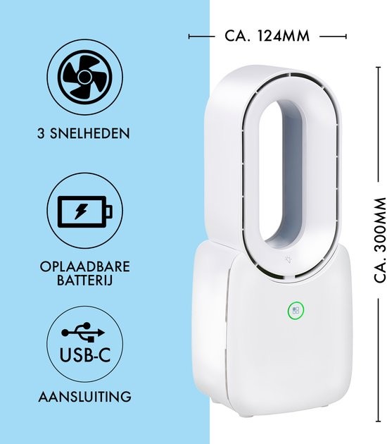 Lifetime Air Bladeloze Ventilator - Stille Ventilator Met Drie Snelheden - Draadloze Bureau Ventilator - Tafel Ventilator Met LED Mood Light - USB-C O