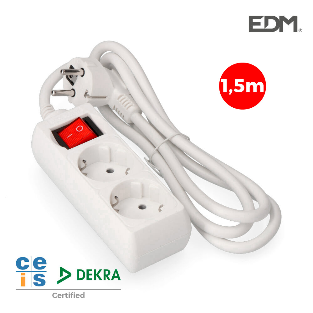 BASE MÚLTIPLE 2 TOMAS 2P+T CON INTERRUPTOR LUMINOSO, 16A 250 V~ 1,5 m DE CABLE H05VV-F 3 G 1,5 mm² BLANCA