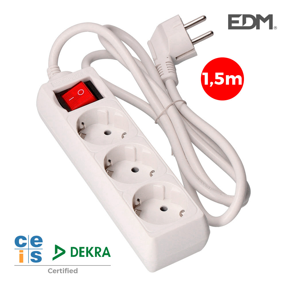 BASE MÚLTIPLE 3 TOMAS 2P+T CON INTERRUPTOR LUMINOSO, 16A 250 V~ 1,5 m DE CABLE H05VV-F 3 G 1,5 mm² BLANCA