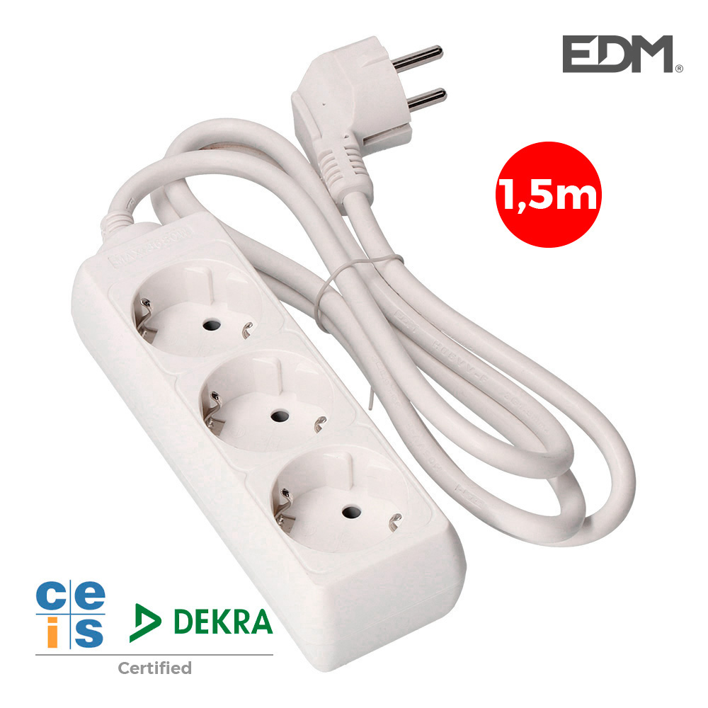 BASE MÚLTIPLE, 3 TOMAS SCHUKO 2P+T, 1,5m DE CABLE H05VV-F 3G1,5 mm² 16A 250V~ 3680 W, BLANCA