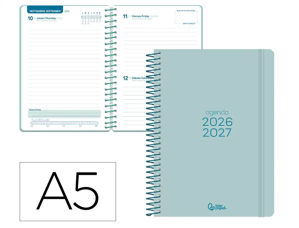 Agenda escolar liderpapel 26-27 espiral basic dia pagina a5 bilingue 70g papel fsc turquesa. LP676