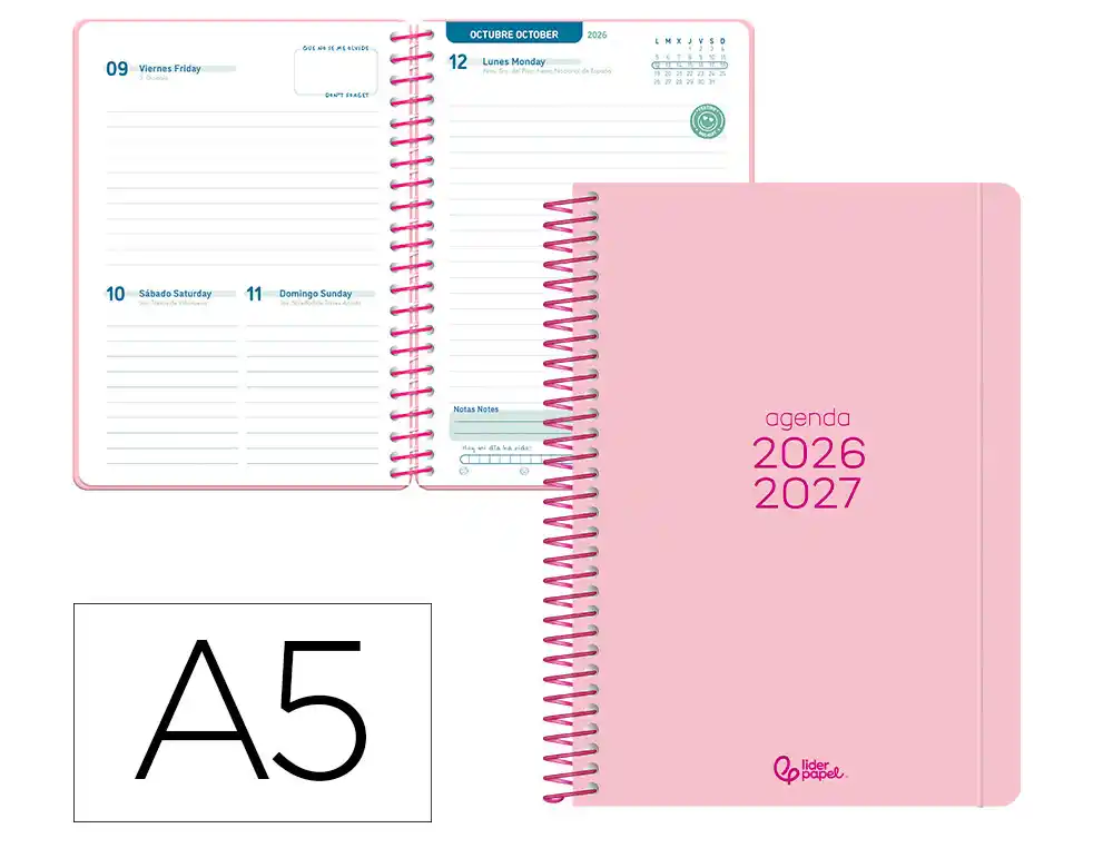 Agenda escolar liderpapel 26-27 espiral basic dia pagina a5 bilingue 70g papel fsc rosa. LP674