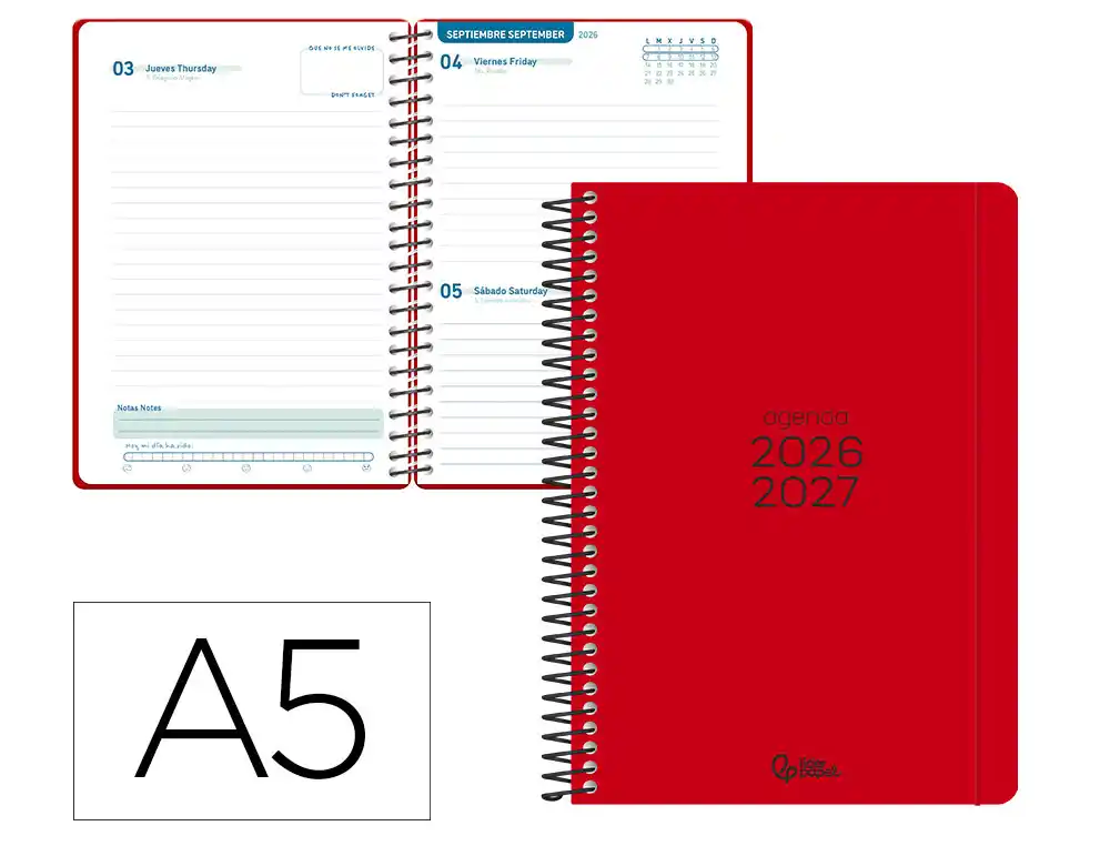 Agenda escolar liderpapel 26-27 espiral basic dia pagina a5 bilingue 70g papel fsc rojo. LP673