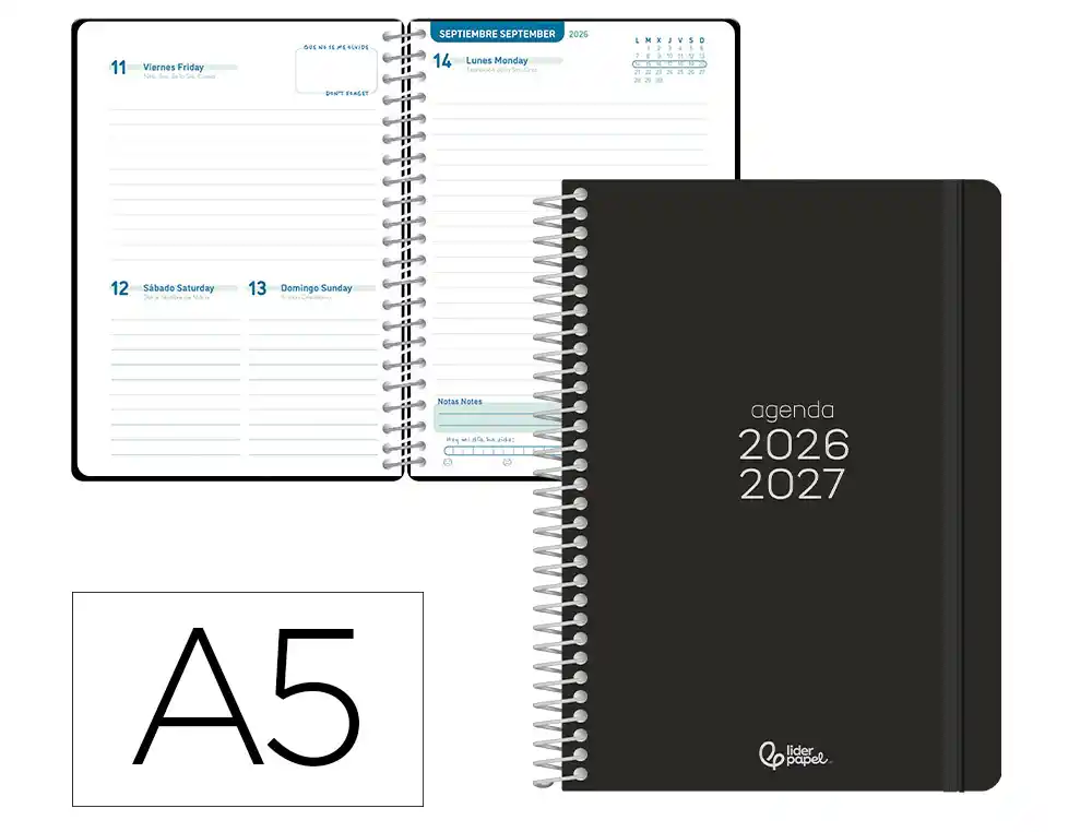 Agenda escolar liderpapel 26-27 espiral basic dia pagina a5 bilingue 70g papel fsc negro. LP671