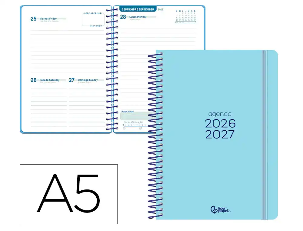 Agenda escolar liderpapel 26-27 espiral basic dia pagina a5 bilingue 70g papel fsc azul turquesa. LP675