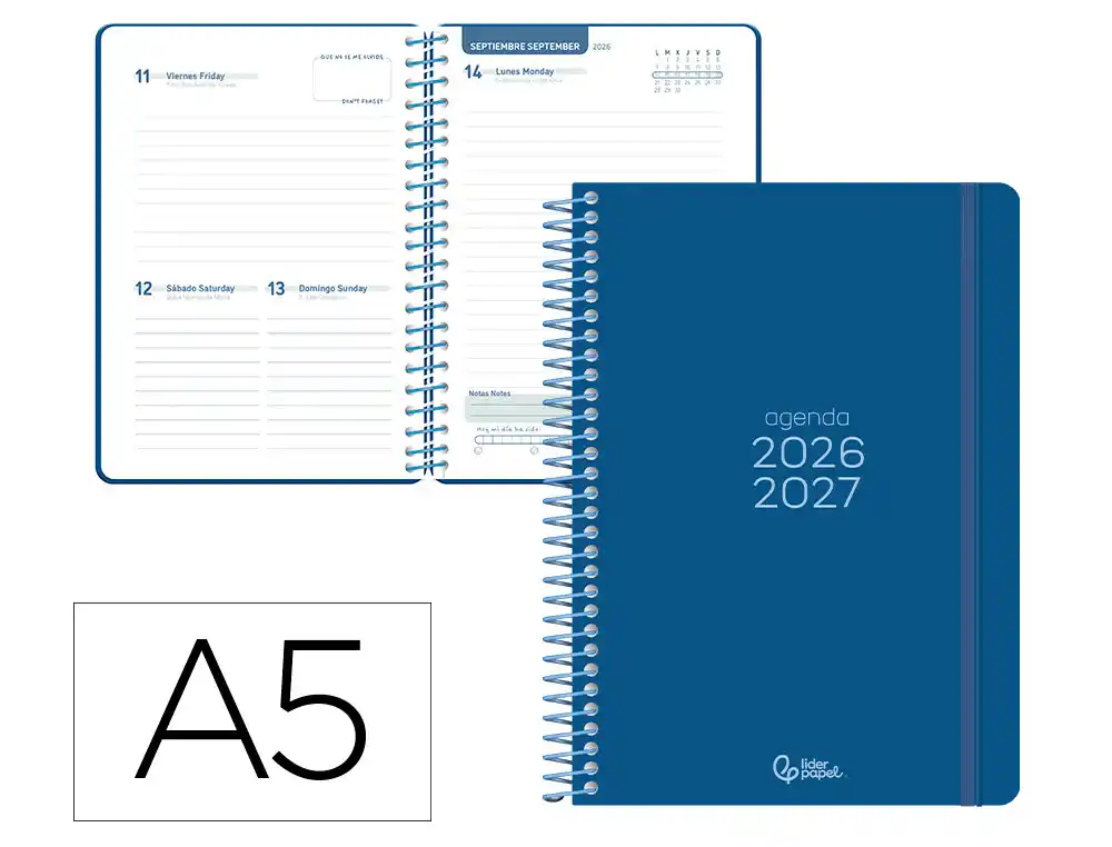 Agenda escolar liderpapel 26-27 espiral basic dia pagina a5 bilingue 70g papel fsc azul marino. LP672