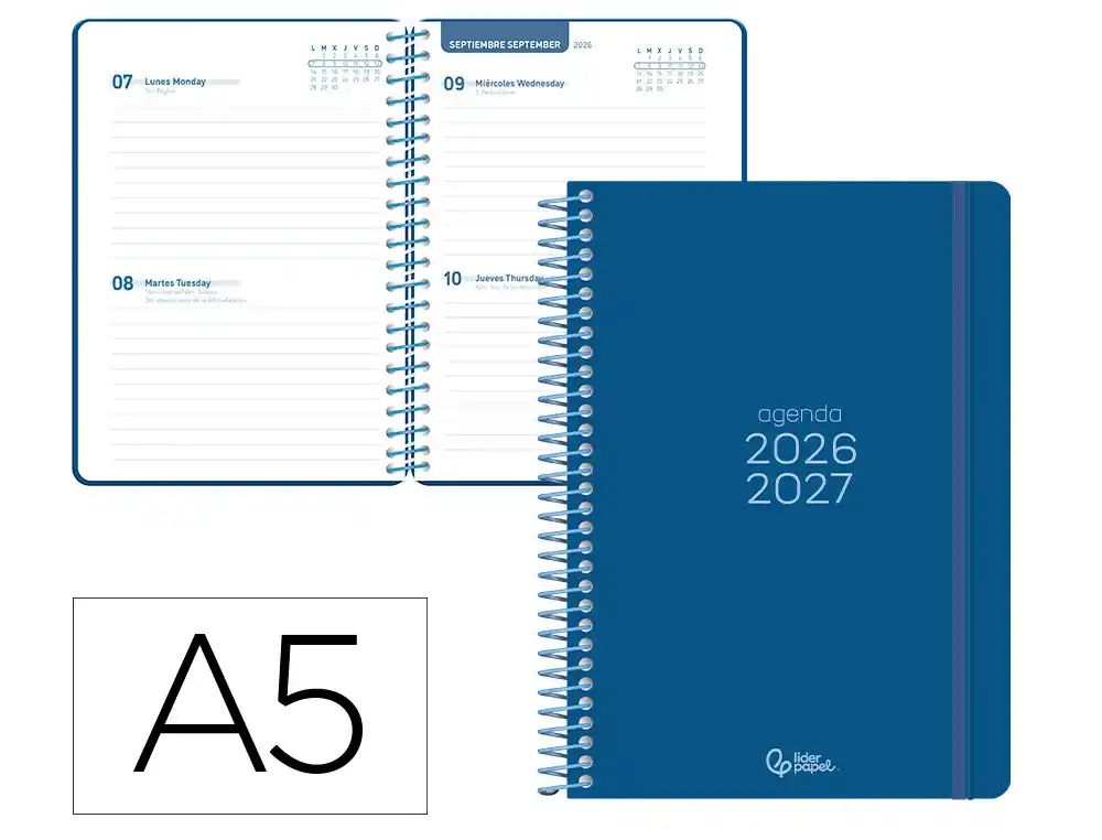 Agenda escolar liderpapel 26-27 espiral basic 2 dias pagina a5 bilingue 70g papel fsc azul marino.