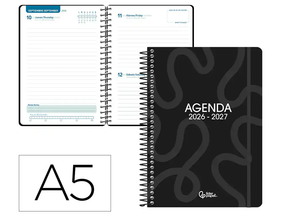 Agenda escolar liderpapel 26-27 espiral classic dia pagina a5 bilingue 70g papel fsc negro. LP692