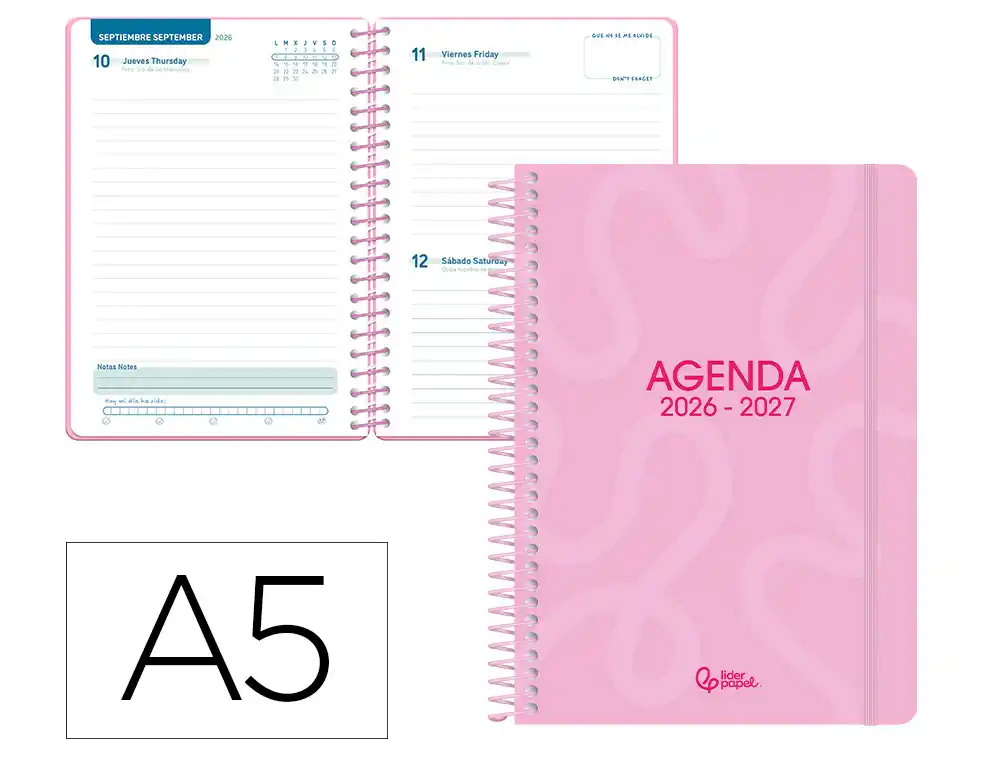Agenda escolar liderpapel 26-27 espiral classic dia pagina a5 bilingue 70g papel fsc rosa. LP694