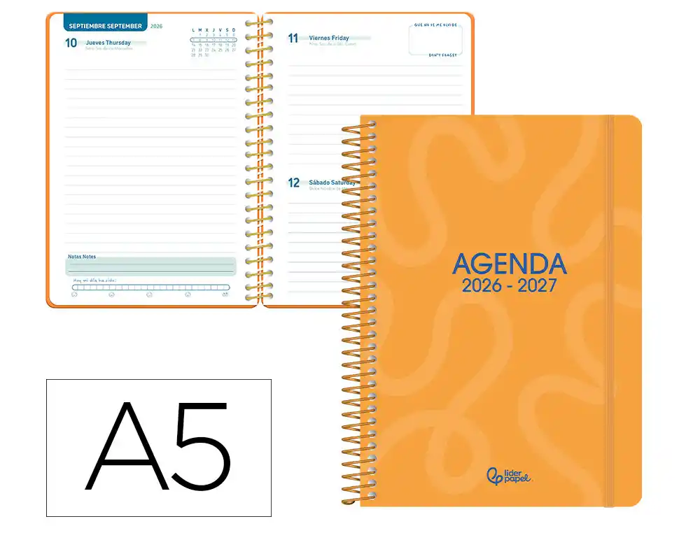 Agenda escolar liderpapel 26-27 espiral classic dia pagina a5 bilingue 70g papel fsc naranja. LP699