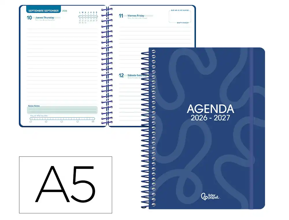 Agenda escolar liderpapel 26-27 espiral classic dia pagina a5 bilingue 70g papel fsc azul marino. LP697