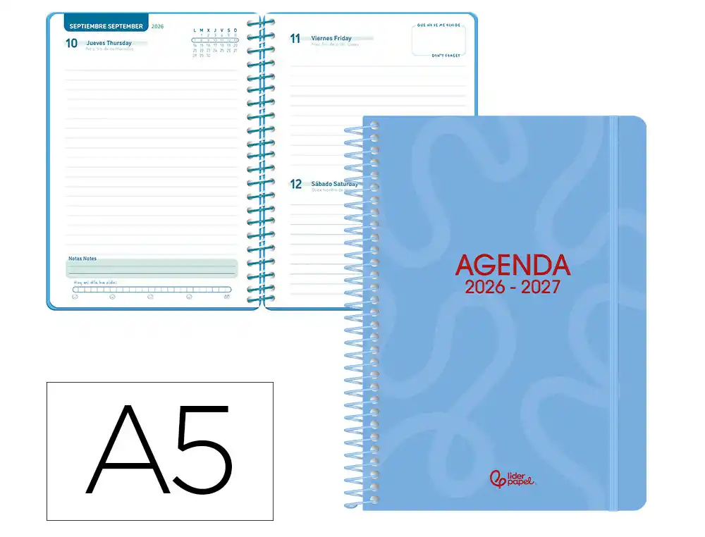 Agenda escolar liderpapel 26-27 espiral classic dia pagina a5 bilingue 70g papel fsc azul. LP698