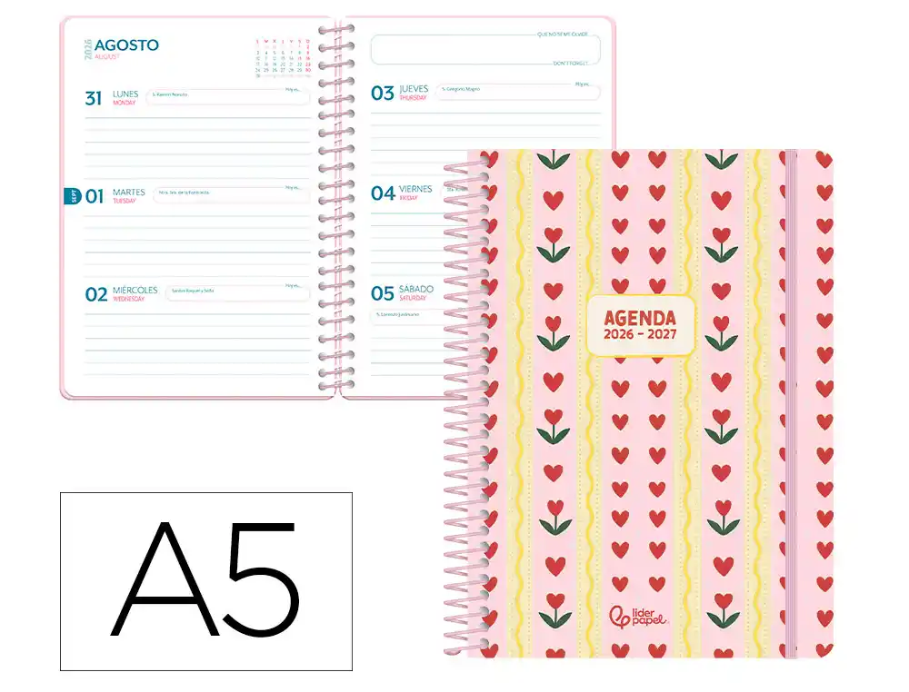 Agenda escolar liderpapel 26-27 espiral cottage semana vista a5 bilingue 80g papel fsc rosa corazones.