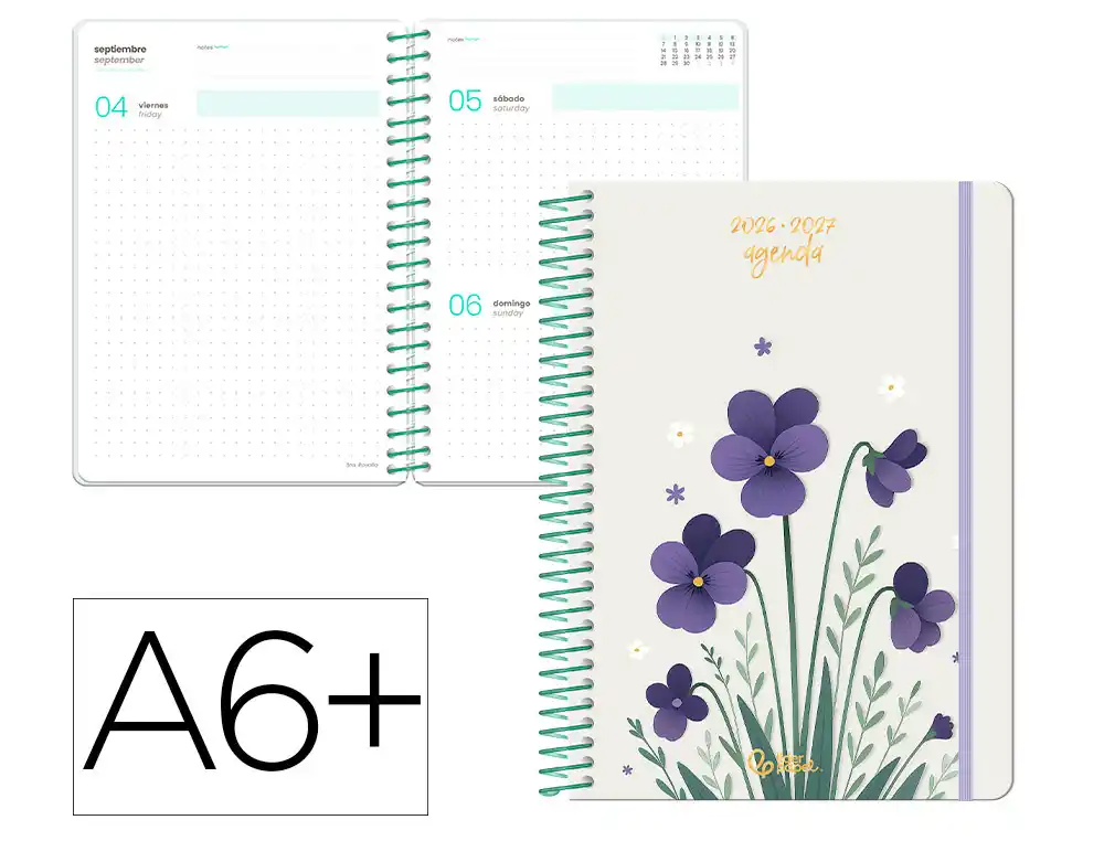 Agenda escolar liderpapel 26-27 espiral flowers dia pagina a6+ bilingue 80g papel fsc blanco.