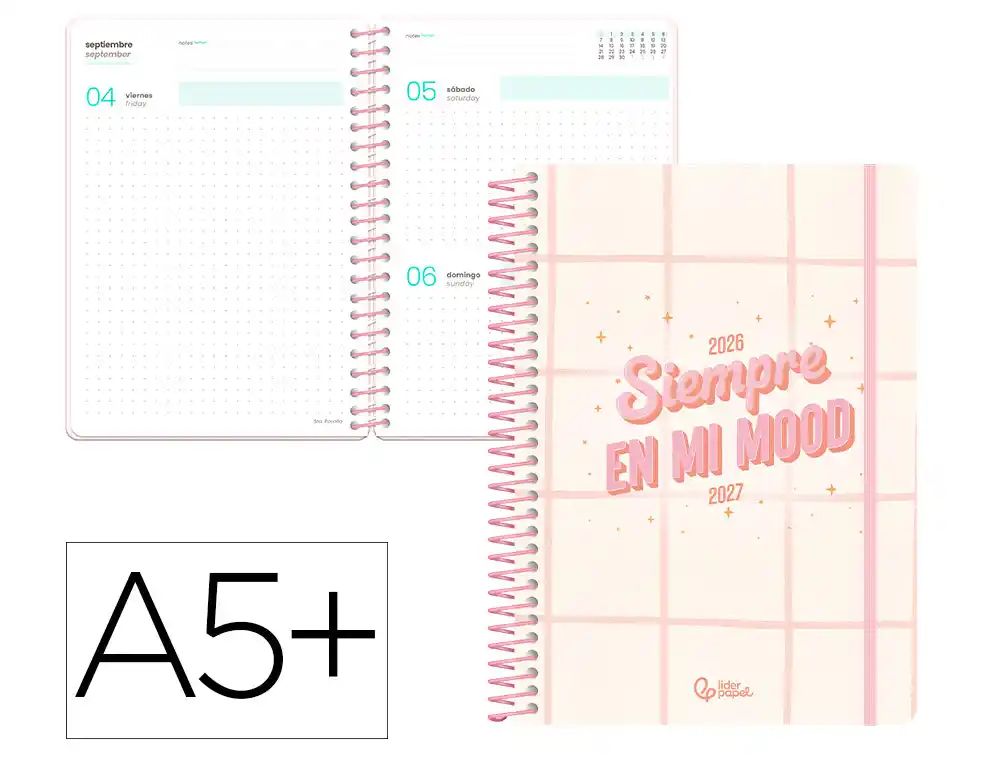 Agenda escolar liderpapel 26-27 espiral graphic dia pagina a5+ bilingue 80g papel fsc rosa. LP764