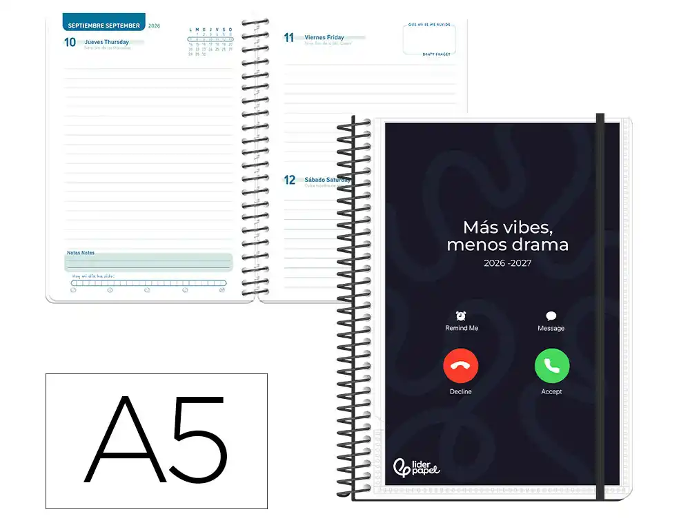 Agenda escolar liderpapel 26-27 espiral personalizable dia pagina a5 bilingue 70g papel fsc. LP709