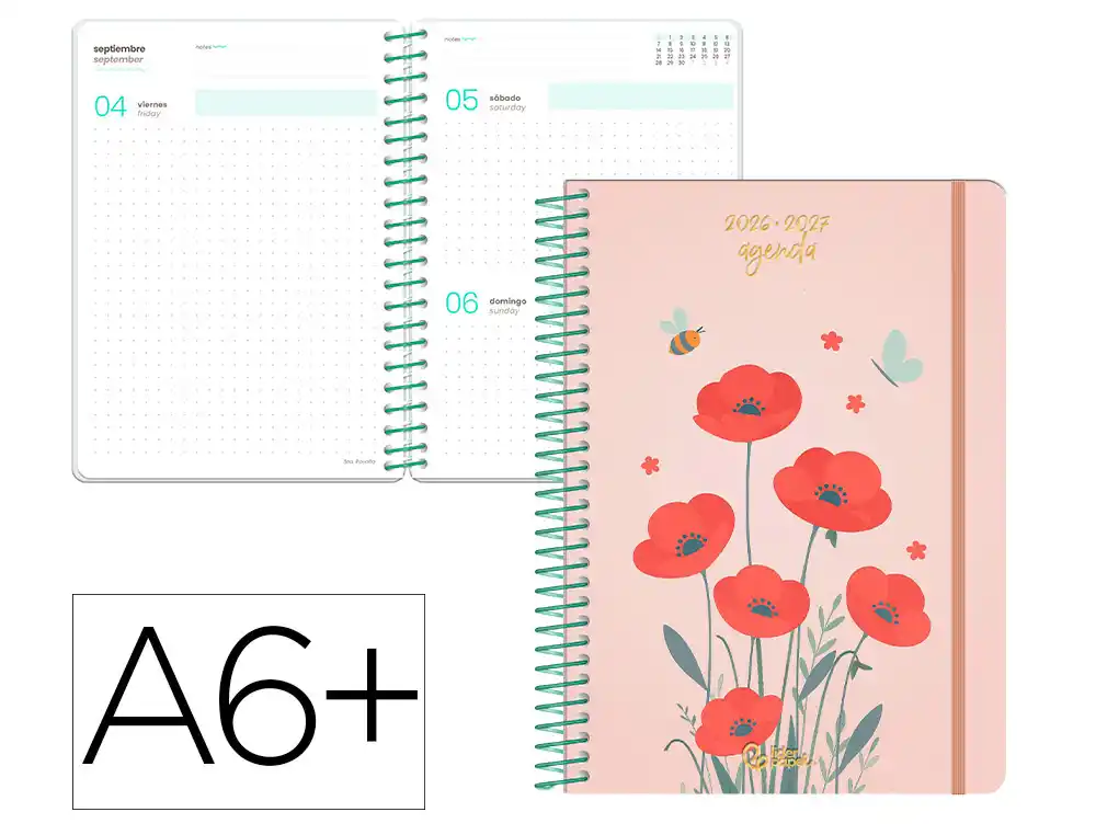 Agenda escolar liderpapel 26-27 espiral flowers dia pagina a6+ bilingue 80g papel fsc rojo.