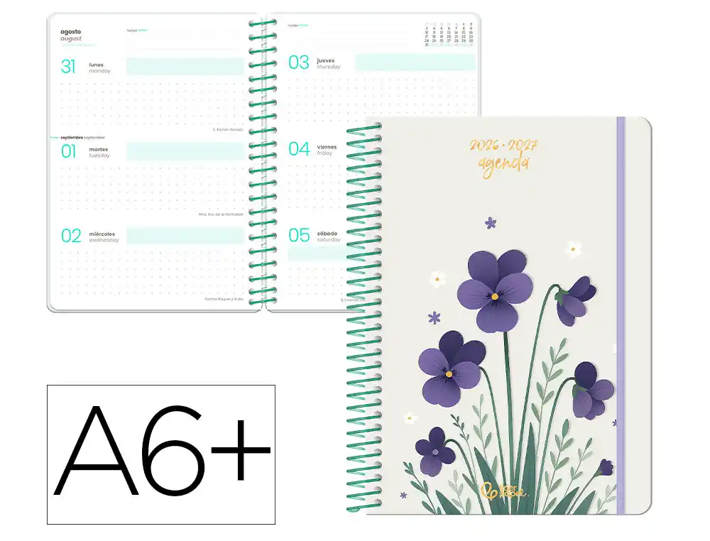 Agenda escolar liderpapel 26-27 espiral flowers semana vista a6+ bilingue 80g papel fsc blanco.