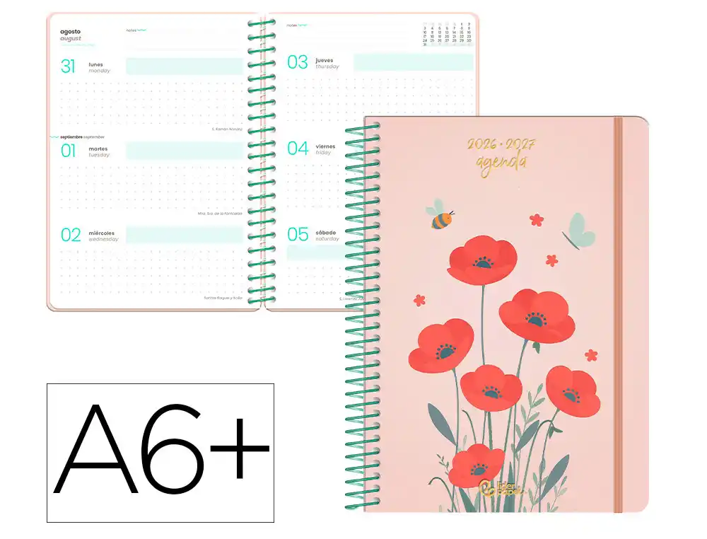 Agenda escolar liderpapel 26-27 espiral flowers semana vista a6+ bilingue 80g papel fsc rojo.