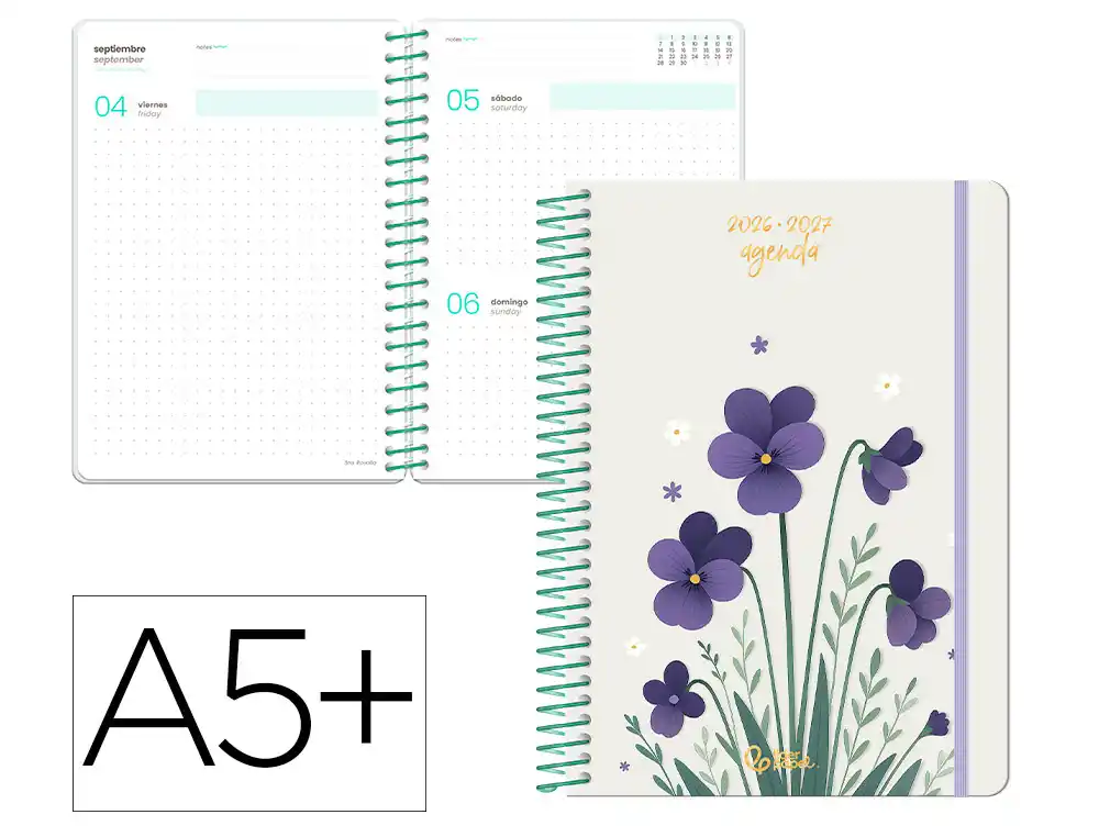 [174847] Agenda escolar liderpapel 26-27 espiral flowers dia pagina a5+ bilingue 80g papel fsc blanco.