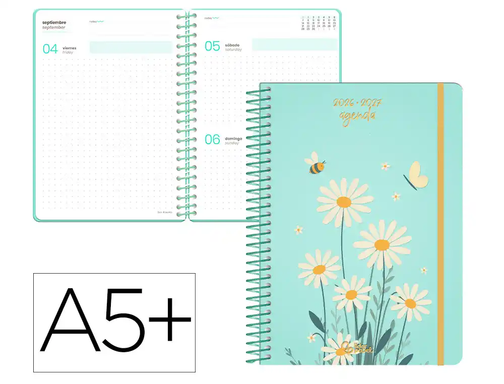 [174849] Agenda escolar liderpapel 26-27 espiral flowers dia pagina a5+ bilingue 80g papel fsc azul.