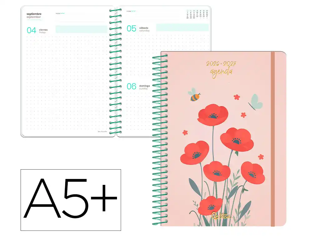 [174848] Agenda escolar liderpapel 26-27 espiral flowers dia pagina a5+ bilingue 80g papel fsc rojo.