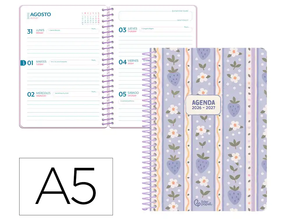 [174822] Agenda escolar liderpapel 26-27 espiral cottage semana vista a5 bilingue 80g papel fsc azul fresas.