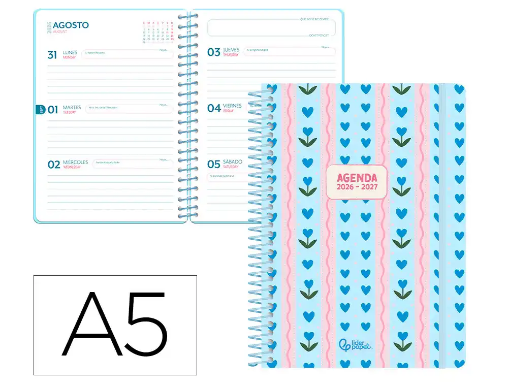 [174823] Agenda escolar liderpapel 26-27 espiral cottage semana vista a5 bilingue 80g papel fsc azul corazones.