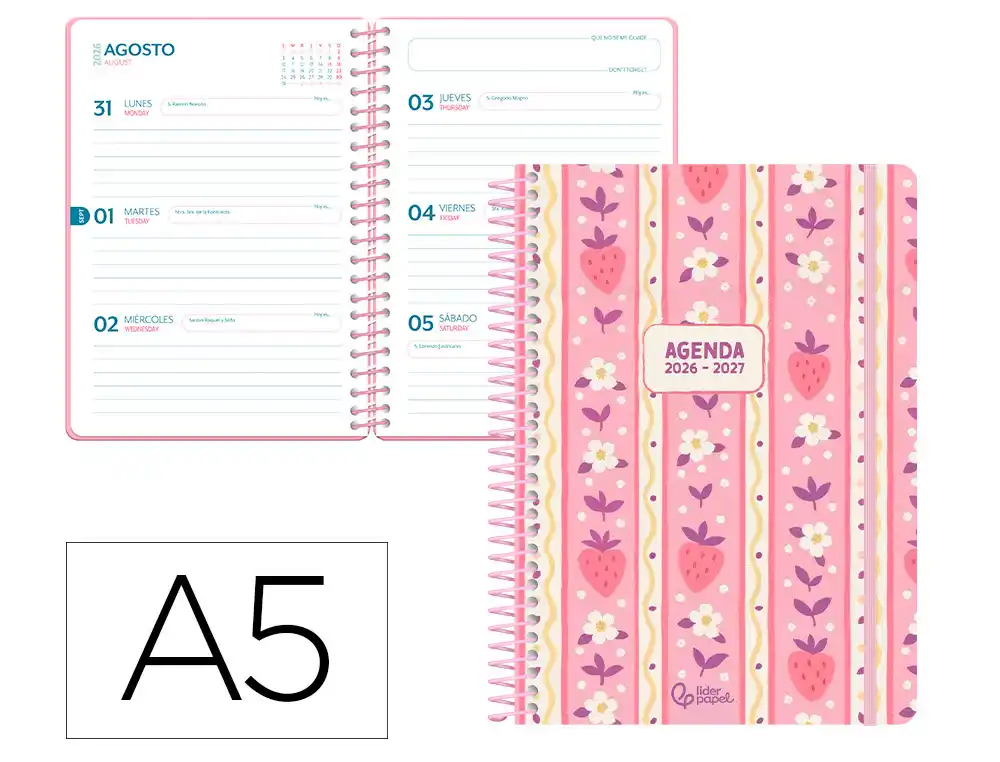[174824] Agenda escolar liderpapel 26-27 espiral cottage semana vista a5 bilingue 80g papel fsc rosa fresas.
