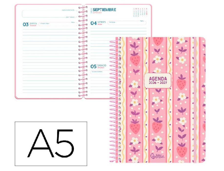 [174817] Agenda Escolar Liderpapel 26-27 Espiral Cottage Dia Pagina A5 Bilingue 80g Papel Fsc Rosa Corazones - LP722