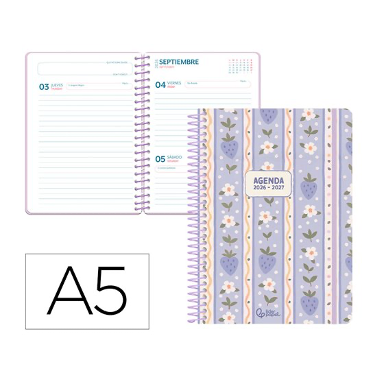 [174818] Agenda escolar liderpapel 26-27 espiral fantasy a dia pagina a5 bilingue 80g papel fsc azul fresas