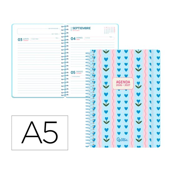 [174819] Agenda escolar liderpapel 26-27 espiral cottage DIA PAGINA a5 bilingue 80g papel fsc Corazones Azul