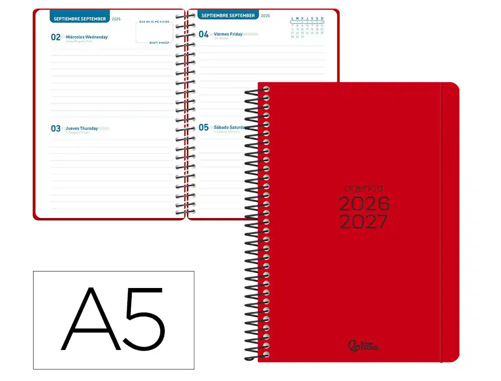 [174774] Agenda escolar liderpapel 26-27 espiral basic 2 dias pagina a5 bilingue 70g papel fsc rojo.
