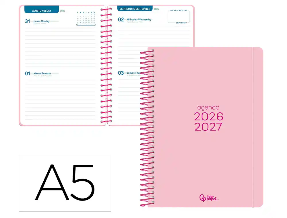 [174775] Agenda escolar liderpapel 26-27 espiral basic 2 dias pagina a5 bilingue 70g papel fsc rosa.