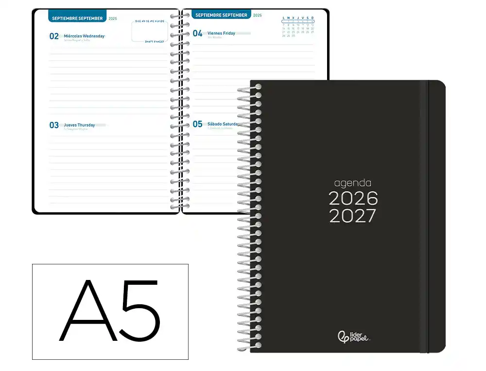 [174772] Agenda escolar liderpapel 26-27 espiral basic 2 dias pagina a5 bilingue 70g papel fsc negro.