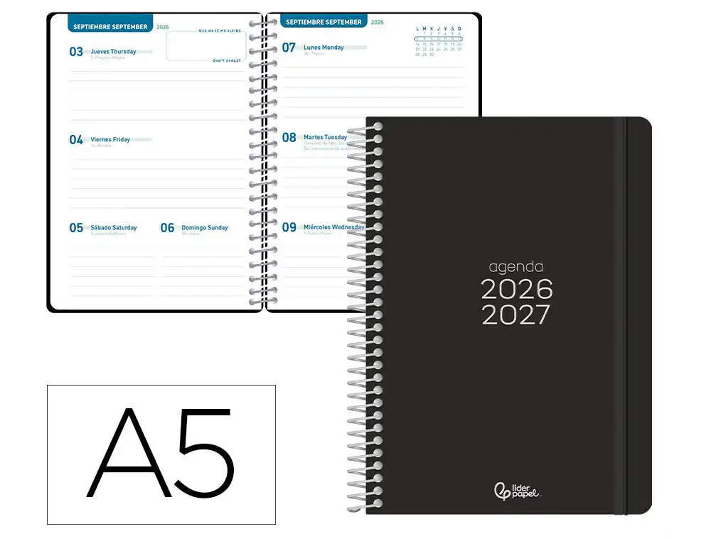 [174760] Agenda escolar liderpapel 26-27 espiral basic semana vista a5 bilingue 70g papel fsc negro.