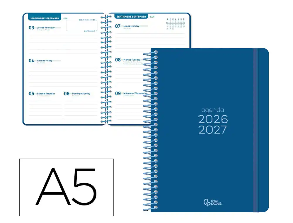 [174761] Agenda escolar liderpapel 26-27 espiral basic semana vista a5 bilingue 70g papel fsc azul marino.