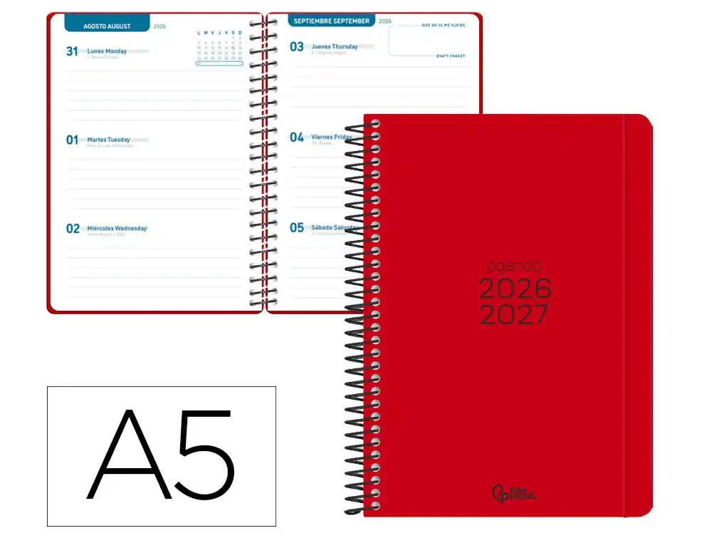 [174762] Agenda escolar liderpapel 26-27 espiral basic semana vista a5 bilingue 70g papel fsc rojo.