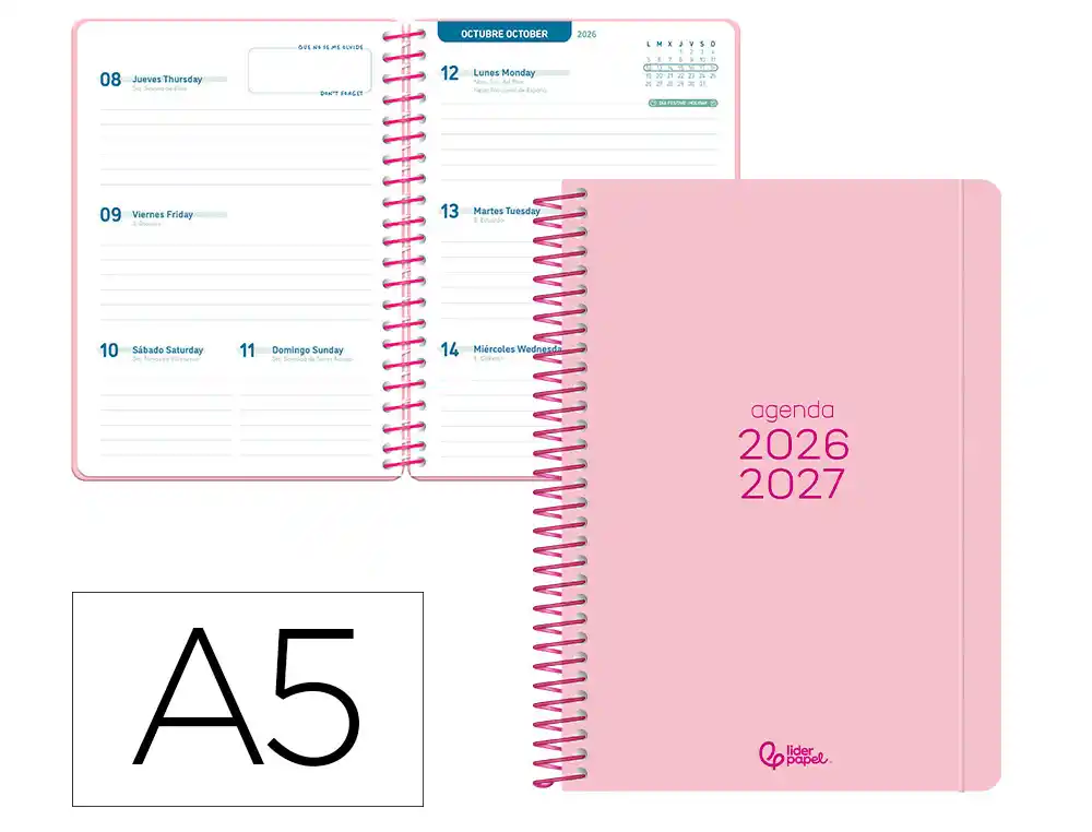 [174763] Agenda escolar liderpapel 26-27 espiral basic semana vista a5 bilingue 70g papel fsc rosa.