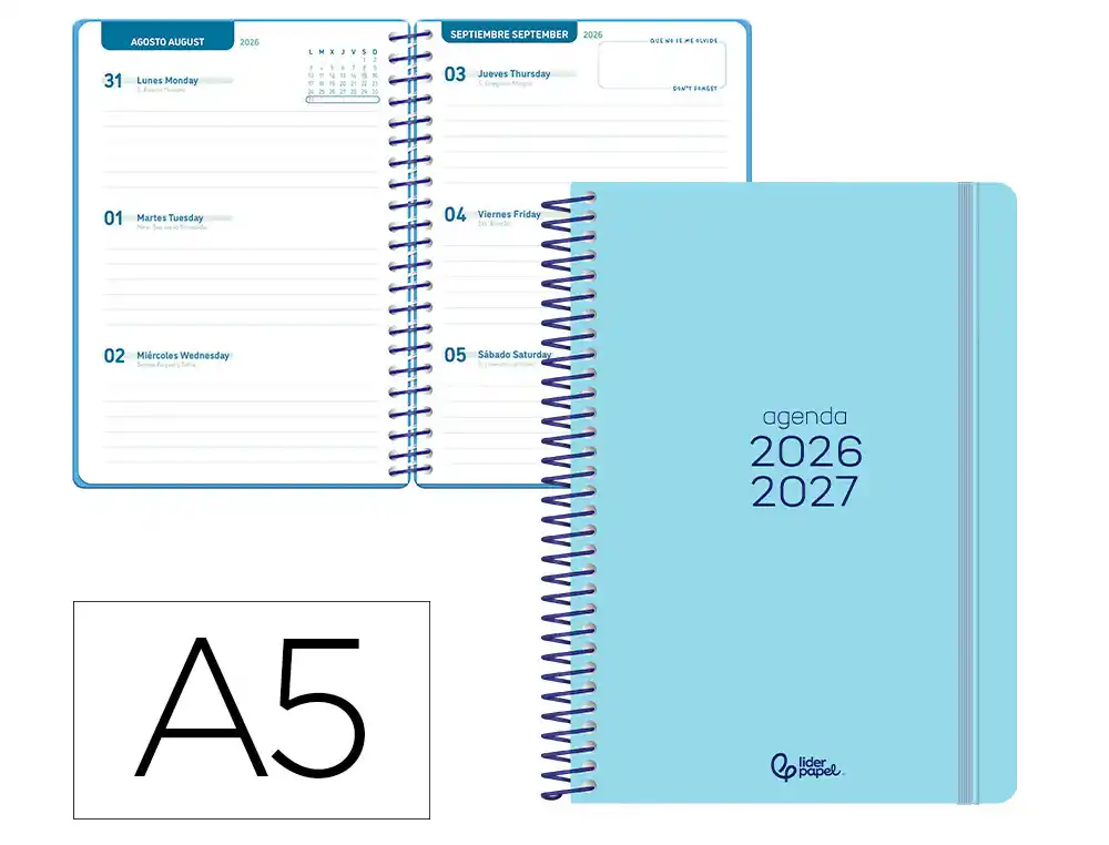 [174764] Agenda escolar liderpapel 26-27 espiral basic semana vista a5 bilingue 70g papel fsc azul turquesa.