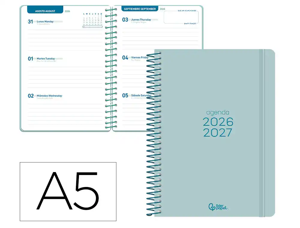 [174765] Agenda escolar liderpapel 26-27 espiral basic semana vista a5 bilingue 70g papel fsc turquesa.