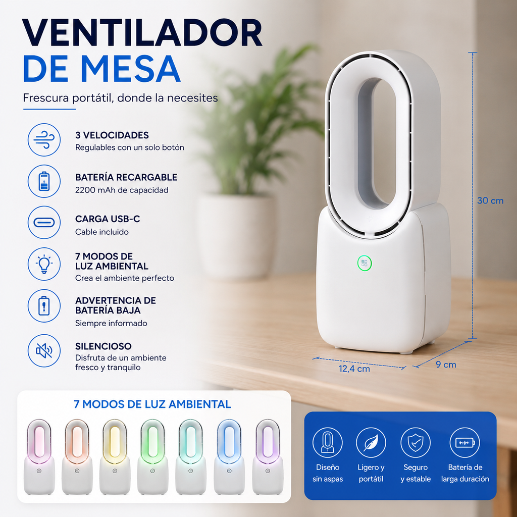 Lifetime Air VENTILADOR DE SOBREMESA RECARGABLE CON USB SIN ASPAS, 3 VELOCIDADES 12,4 x 9 x 30 cm