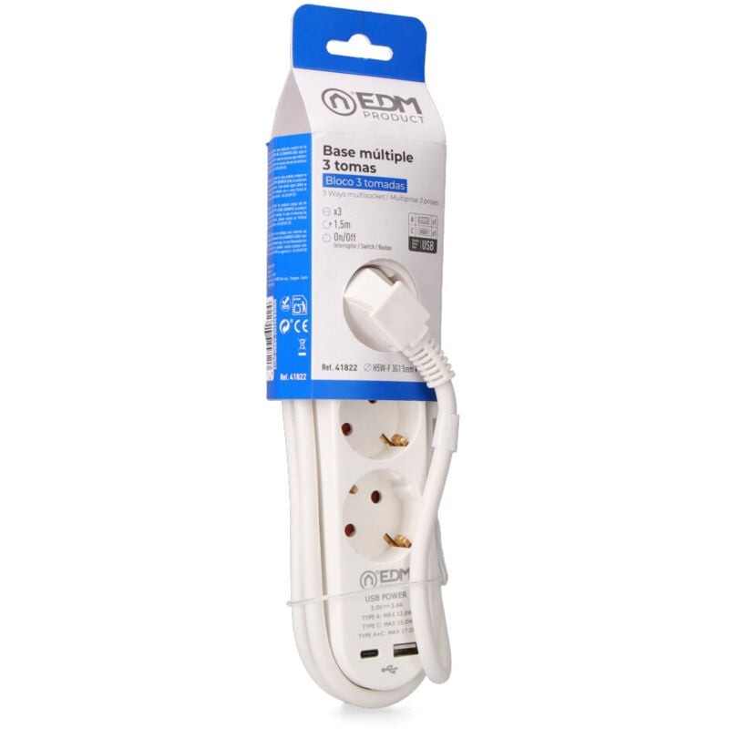 BASE MÚLTIPLE 3 TOMAS SCHUKO, INTERRUPTOR, 2 USB A + C, 1,5m DE CABLE H05VV-F, 3G1,5 mm², 16A 250V~, BLANCA EDM