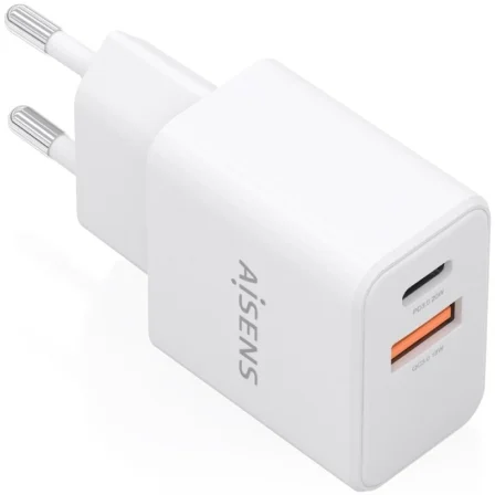 [A110-1025] Cargador de Pared GaN Aisens A110-1025/ 1xUSB Tipo-C/ 1xUSB/ 20W/ Blanco