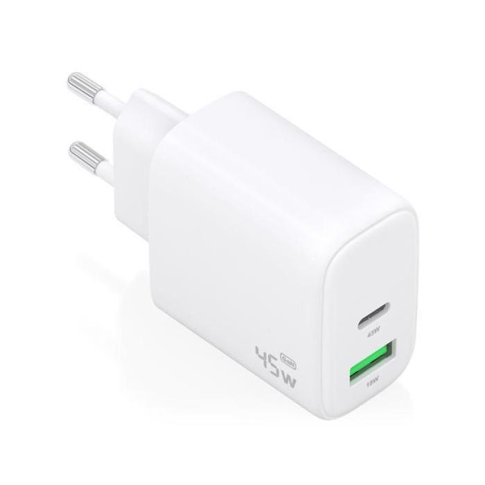 [A110-0971] Cargador de Pared GaN Aisens A110-0971/ 1xUSB Tipo-C/ 1xUSB/ 45W/ Blanco